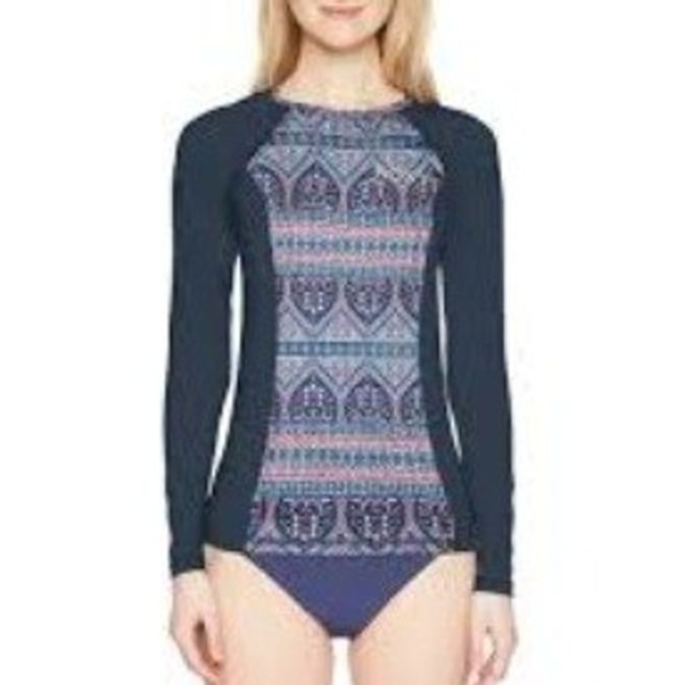 ROXY Girls Long Sleeve Swim Top Rash Guard Navy Folk Print Size Youth Large